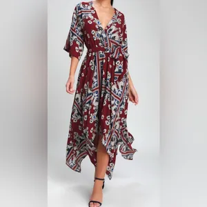 Lulu's Burgundy Boho Maxi Vacation Garden Party Wedding Guest dress size medium thumbnail 3