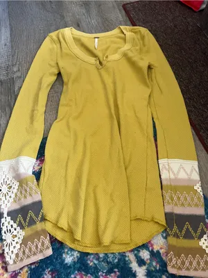 Free people Mustard Yellow Women's Knit Sweater with Patterned Crochet Cuffs thumbnail 3