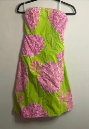 ✅Lilly Pulitzer Green Strapless Dress Pink Floral and Cut Out Back thumbnail 1