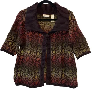 DKNY Jeans Cardigan Lg Brown Multicolor Knit‎ Short Sleeve Button Boho Sweater thumbnail 2