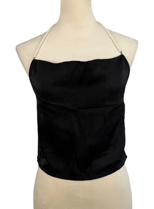 Black Satin Faux Pearl Halter Top Cropped Cowl Neck Evening Blouse Small Chic‎ thumbnail 1