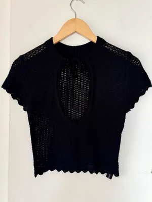 Tiger Mist Black Open Knit Keyhole Crop Top Small Scalloped Festival Coquette thumbnail 9
