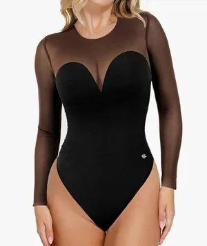 Popilush Sheer Mesh Shapewear Long Sleeve Thong Bodysuit thumbnail 1