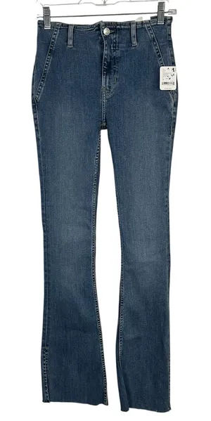 NWT- We The Free Level Up Slit Slim Flare Jeans - Medium Blue Raw Hem Size 26 thumbnail 1