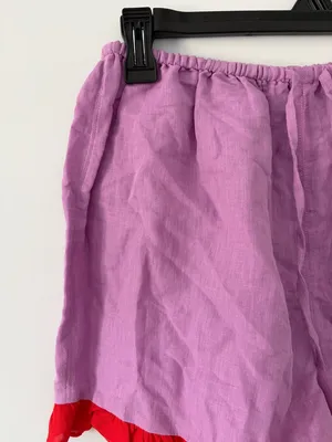 Dora Larsen Free People Lavender Red Ruffle Pull On Linen Organic Cotton Shorts thumbnail 4