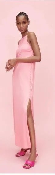 Zara Pink Halter Maxi Dress with Side Slit thumbnail 1