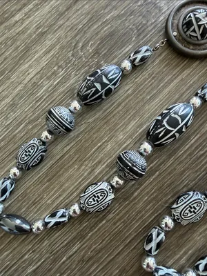 Bohemian whimsy goth witchy black white long necklace beaded medallions thumbnail 4