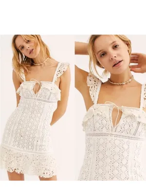 Free People White Crochet Tie-Front Mini Dress Size 2 thumbnail 2