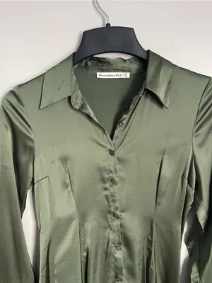 ABERCROMBIE & FITCH Olive Green Satin Button-Front Long Sleeve Mini Dress Sz XS thumbnail 5
