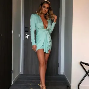 House of CB Pascale Aqua Draped Plunge Satin Mini Dress Womens Size M Mint Green thumbnail 4