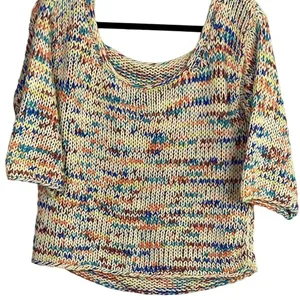 Zara Chunky Knit Relaxed Sweater 3/4 Sleeve Scoop Back S Multicolorfull Cream thumbnail 5