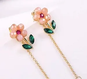 Crystal Flower Chain Tassel Pearl Drop Stud Earring Gold thumbnail 3