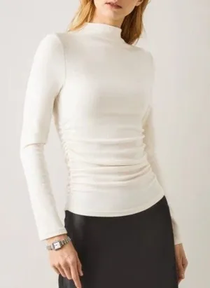 OGL M Eco Mousse Thermal Brushed Ruched Long Sleeve Mockneck Top Chic Minimalist thumbnail 1