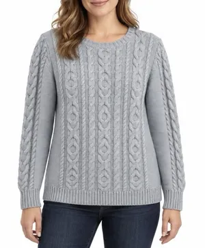 LL Bean Gray Double L Mixed Cable Cotton Crew Neck Pullover Sweater Size SMALL thumbnail 1