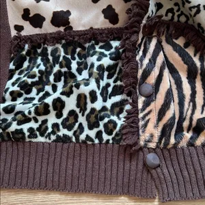Storybook Knits Mixed Animal Print Brown Cardigan Medium Faux Fur thumbnail 4
