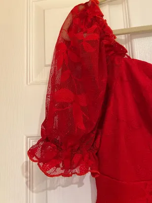 SBetro Plus 1XL Red Lace Overlay Puff Sleeve Sweetheart Mini Dress Coquette NWT thumbnail 8