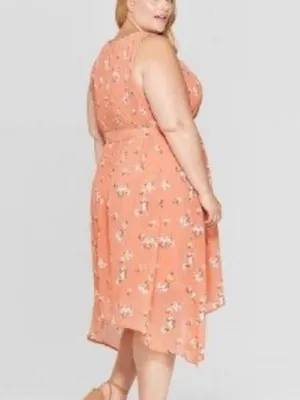 AVA & VIV Plus Size Floral Pleated Midi Dress Peach Pink Orange Hi-Lo 1X NO BELT thumbnail 3
