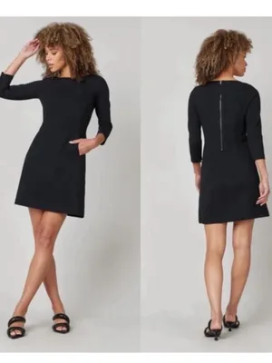 NWT Spanx Black The Perfect Shift Dress 3/4 sleeves A Line LBD Medium thumbnail 6