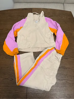 French Connection Beige Hoodie & Jogger Set with Pink and Orange Accents thumbnail 1