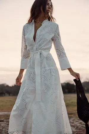 ZARA white lace long sleeve maxi dress with waist belt boho summer vacation thumbnail 15