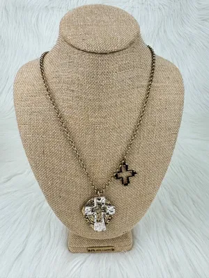 Long Gold Tone Cross Statement Pendant Necklace Double Cross Charm thumbnail 1