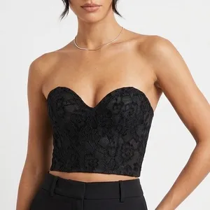 Black Floral Lace Strapless Corset Crop Top Sweetheart Zip Back XS thumbnail 1