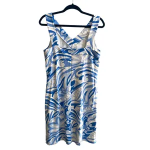 J.McLaughlin Sheath Dress Womens L Blue‎ White Abstract Swirl Preppy V-Neck Mini thumbnail 4