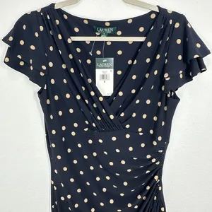 Lauren Ralph Lauren Navy Blue Tan Polka Dot Ruched Sheath Dress‎ Size 8 NWT thumbnail 2
