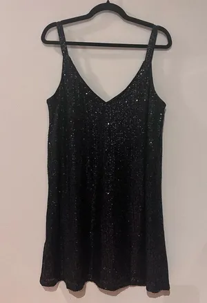 Women’s Sequin V Neck Shift Dress Sparkly Black NWT thumbnail 3