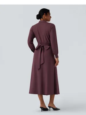 Halara NWT V-neck Long Sleeve Tie Back Midi Work Dress with Pockets in Plum Wine thumbnail 2