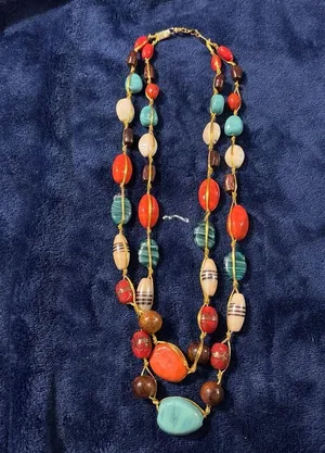 Boho Layered Necklace Multicolor Glass Bead Station Gold Tone Wrapped Chain thumbnail 2