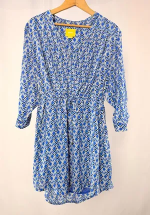 Maeve BY Anthropologie 3/4 Sleeve Geometric Print Dress‎ in Blue and White XS thumbnail 1
