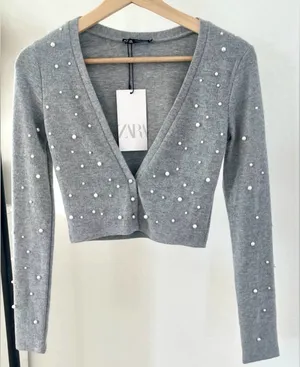 Zara Light Gray Pearl-Studded Cardigan Sweater Sz M thumbnail 1