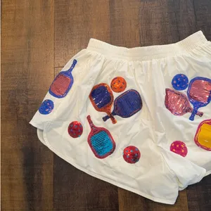 Queen of Sparkle Pickleball Sequin Athletic Running Shorts White Size Medium thumbnail 6