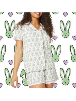 Roller Rabbit Mint Love Bunnies Polo Short PJ Pajama Set- Size P Petite XXS XS thumbnail 3