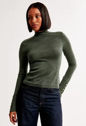 Abercrombie & Fitch Merino Wool Mock Neck Sweater Green Button Sleeve M thumbnail 1