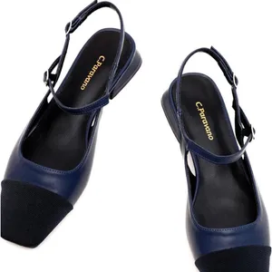 C.Paravano Navy Leather Square Toe Slingback Flats Blue Size 9 thumbnail 2