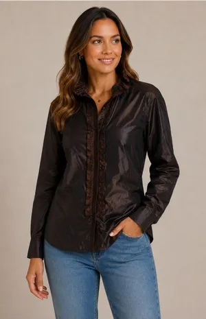Etro Blouse Womens 48 Brown 100% Silk Ruffle High Neck Button Top Made In Italy thumbnail 1