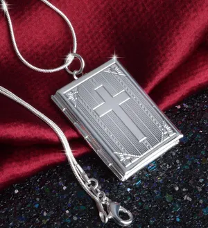 Silver Cross Bible Christian Locket Necklace - Jesus Crucifix, Church, Christ thumbnail 1