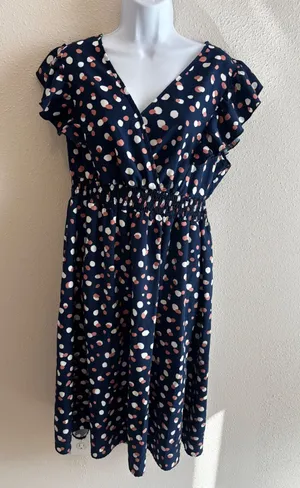 BloomChic Midi Dress Size 10 Navy Blue Polka Dot Ruffle Flutter Sleeve Smocked‎ thumbnail 1
