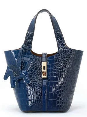 Luxury Navy Blue Croc-Embossed Bucket Bag with Gold Hardware & Charm thumbnail 2