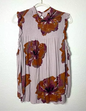 Entro Floral Cold Shoulder Long Sleeve Top - Purple and Brown Size L thumbnail 1