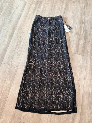 Adrianna Papell Navy Lace Maxi Skirt with Nude Underlay thumbnail 3