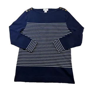 Jones New York Sport Breton Stripe Boat Neck Top Gold Button Shoulders L thumbnail 1