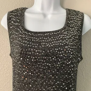 Vintage 90s Silver Sequin Holiday New‎ Years Eve Party Sparkly Ribbed Tank Top M thumbnail 3