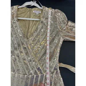Nanette Lepore Sequin Wrap Dress Women Size 8 Gold Great Long Sleeve Velvet Belt thumbnail 9