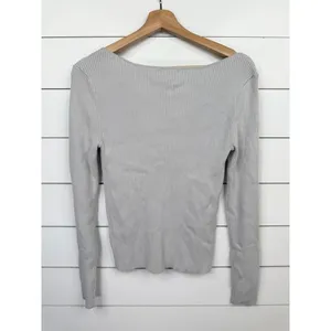 Open Edit Womens Size S Light Grey Ribbed Square V-Neck Fitted Long Sleeve Top thumbnail 3
