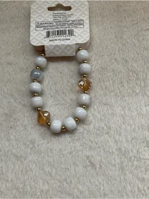 White Beaded Necklace with Gold and Amber Accents thumbnail 2