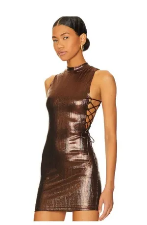 Revolve NWT Superdown Theresa Lace-Up Dress Bronze Metallic, size XS thumbnail 2