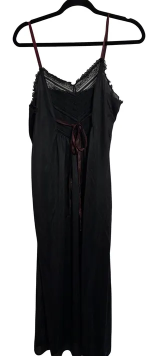 Vintage‎ Nightgown Slip Lace Trim Black Burgundy Ribbon Tie 70s 80s Noir thumbnail 1